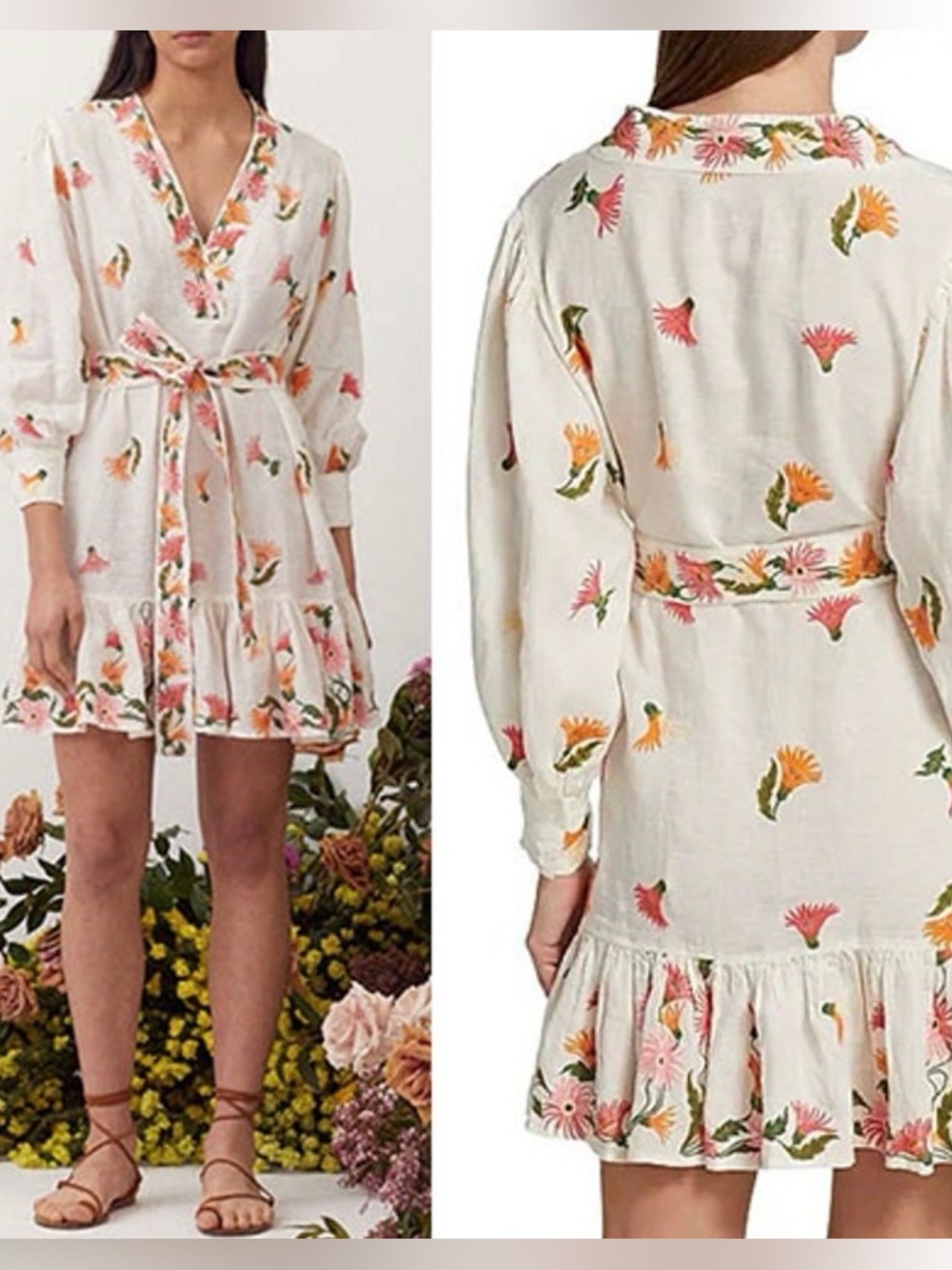 Hannah Artwear Amalia Embroidered Linen Tie Mini Dress Marguerite Sz 0 2